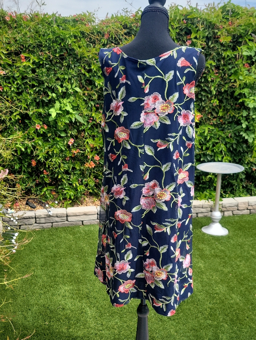 Floral Embroidered Navy and Pink Boho Sleeveless Dress XL - Picture 3 of 16